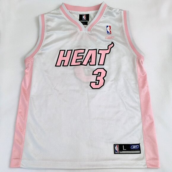 Vintage Reebok Dwyane Wade #3 Miami Heat Jersey - Youth Large 14 - White & Pink - Picture 1 of 7